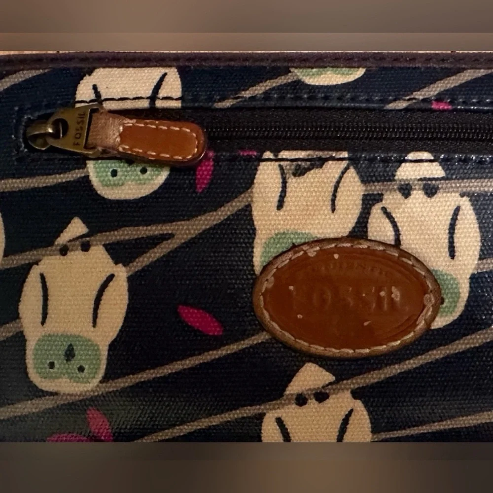 Fossil Coated Canvas Navy Blue Owl Print Zipper Wallet